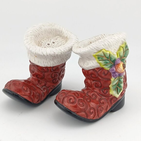 Fitz & Floyd Christmas Santa Boots Salt/Pepper Shakers Tableware Mint Orig Pkg - Picture 2 of 9